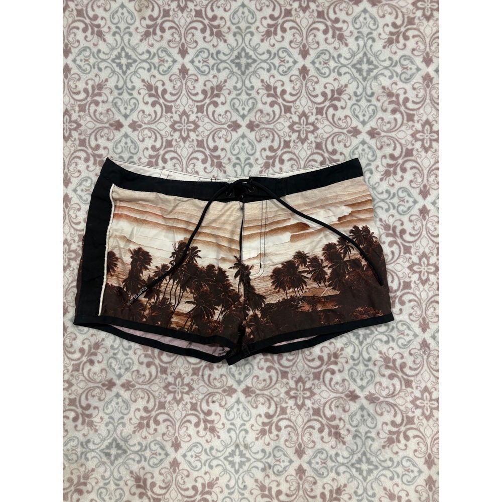 Vintage Tropical Palm Tree Board Shorts Mens 33 Brown Sepia Made in USA 3W09